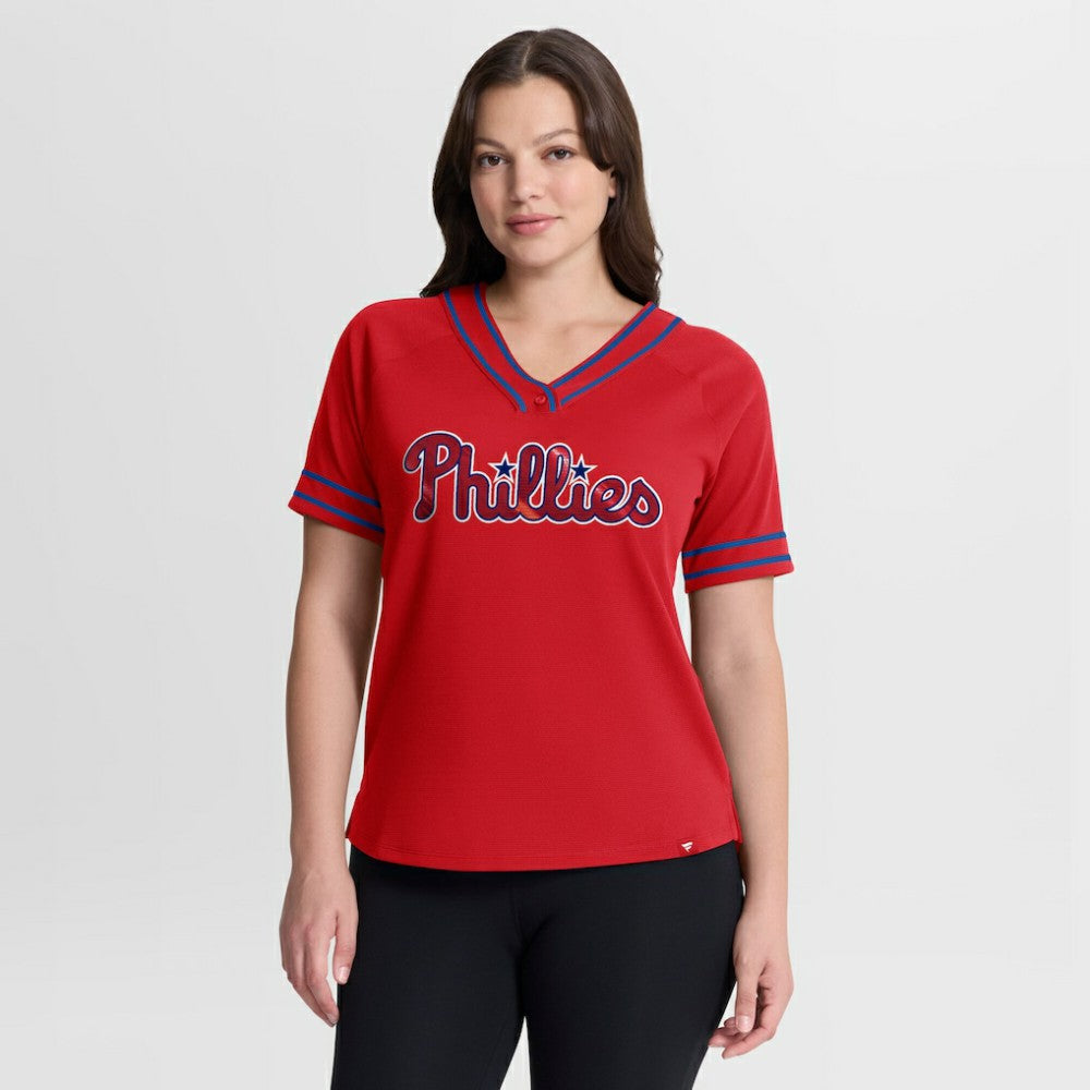 Philadelphia Phillies Fanatics Women's Diva Race Ahead Raglan V-Neck T-Shirt - Red - Fanatics Lifestyle