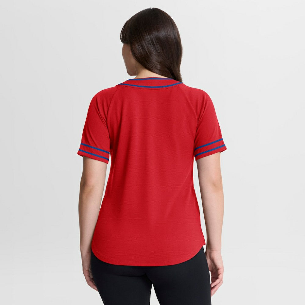 Philadelphia Phillies Fanatics Women's Diva Race Ahead Raglan V-Neck T-Shirt - Red - Fanatics Lifestyle