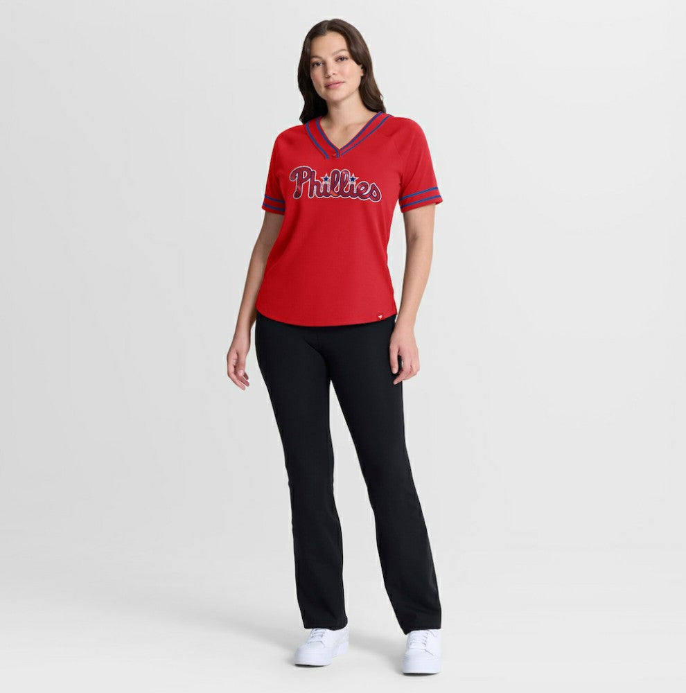 Philadelphia Phillies Fanatics Women's Diva Race Ahead Raglan V-Neck T-Shirt - Red - Fanatics Lifestyle