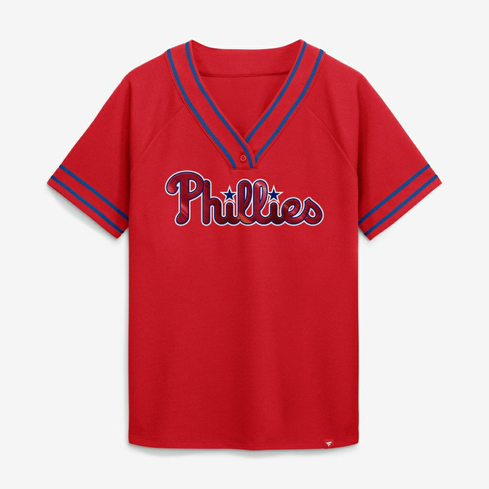 Philadelphia Phillies Fanatics Women's Diva Race Ahead Raglan V-Neck T-Shirt - Red - Fanatics Lifestyle