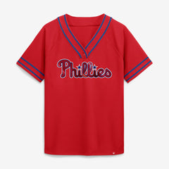Philadelphia Phillies Fanatics Women's Diva Race Ahead Raglan V-Neck T-Shirt - Red - Fanatics Lifestyle