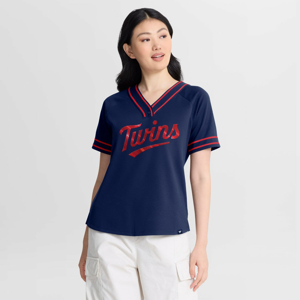Minnesota Twins Fanatics Women's Diva Race Ahead Raglan V-Neck T-Shirt - Navy - Fanatics Sale