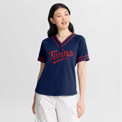 Minnesota Twins Fanatics Women's Diva Race Ahead Raglan V-Neck T-Shirt - Navy - Fanatics Sale
