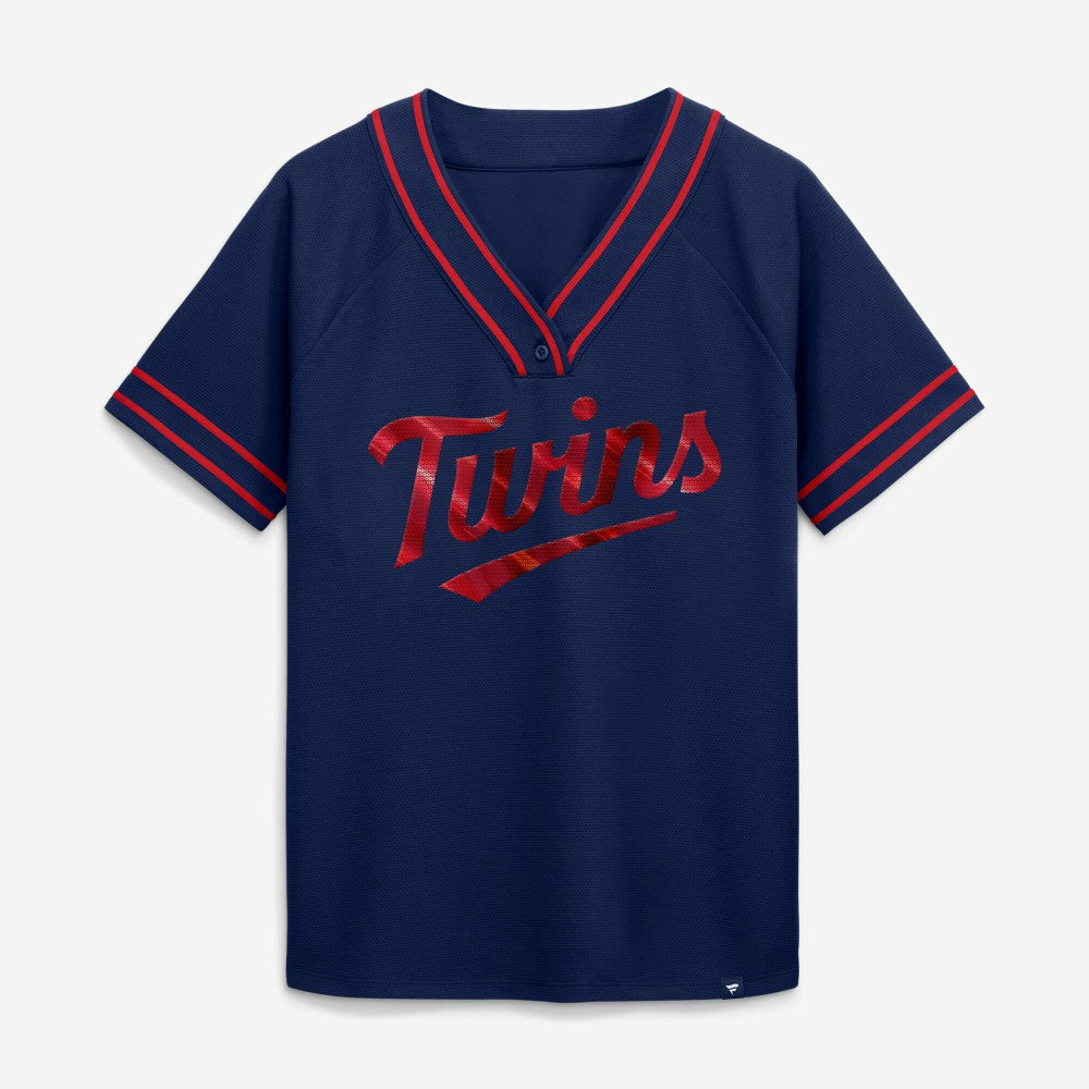 Minnesota Twins Fanatics Women's Diva Race Ahead Raglan V-Neck T-Shirt - Navy - Fanatics Sale
