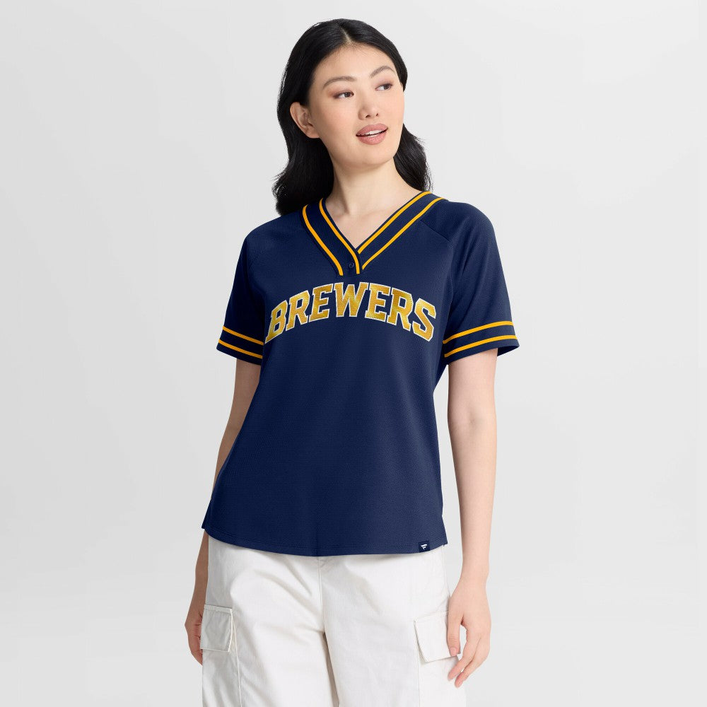 Milwaukee Brewers Fanatics Women's Diva Race Ahead Raglan V-Neck T-Shirt - Navy - Fanatics Sale