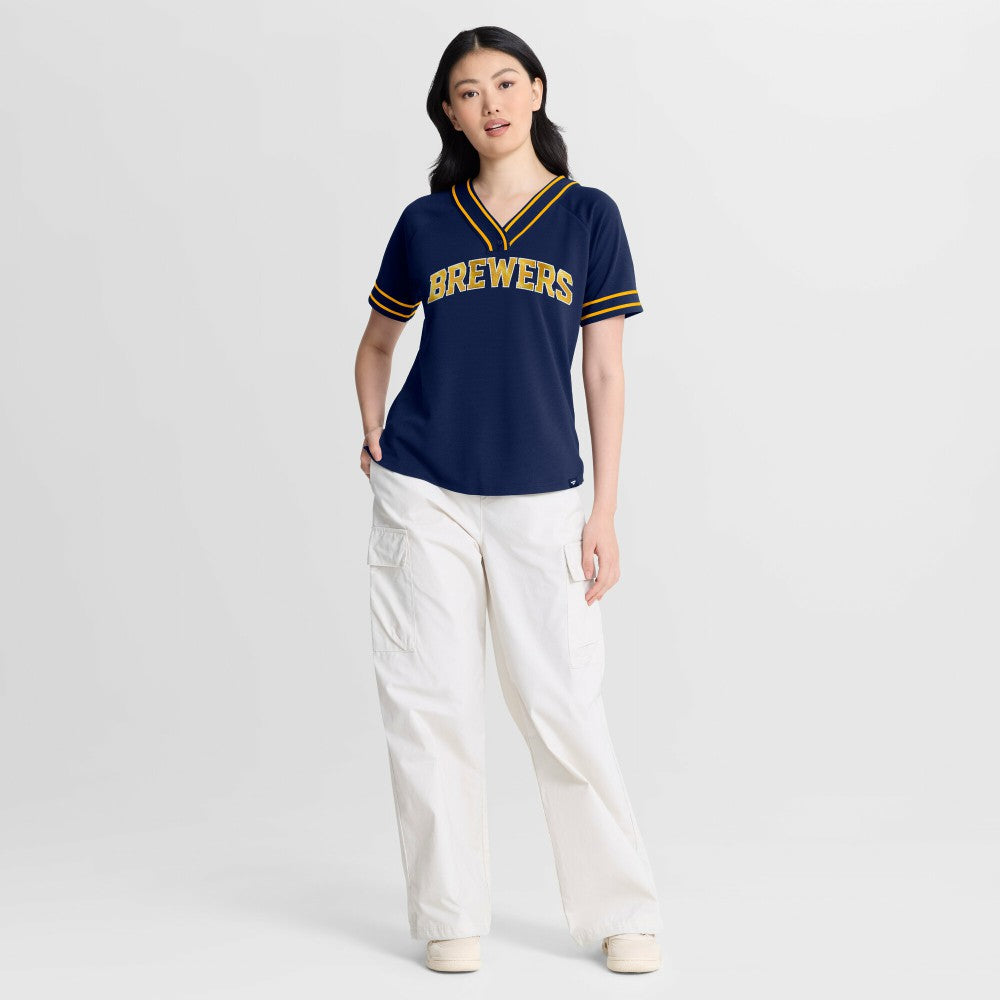 Milwaukee Brewers Fanatics Women's Diva Race Ahead Raglan V-Neck T-Shirt - Navy - Fanatics Sale