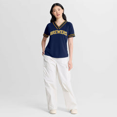 Milwaukee Brewers Fanatics Women's Diva Race Ahead Raglan V-Neck T-Shirt - Navy - Fanatics Sale