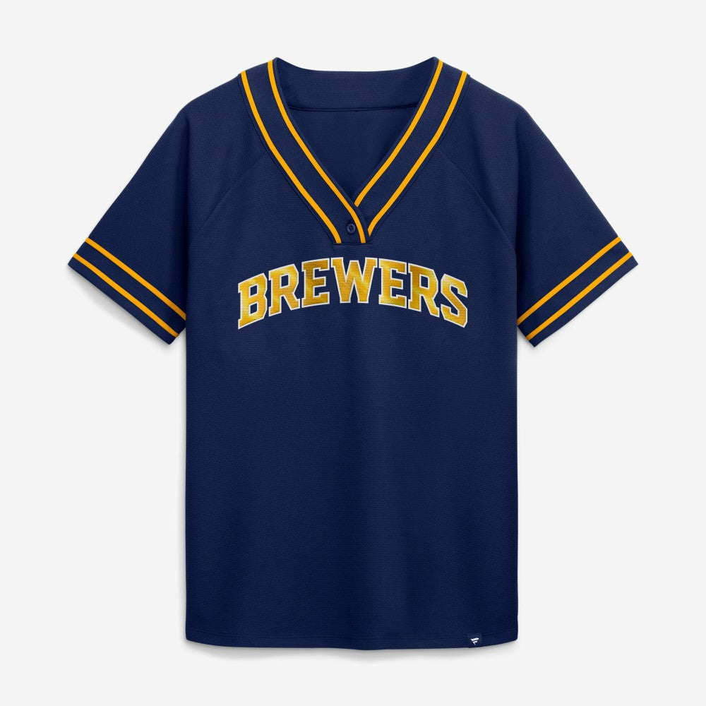 Milwaukee Brewers Fanatics Women's Diva Race Ahead Raglan V-Neck T-Shirt - Navy - Fanatics Sale