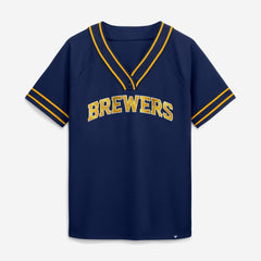 Milwaukee Brewers Fanatics Women's Diva Race Ahead Raglan V-Neck T-Shirt - Navy - Fanatics Sale