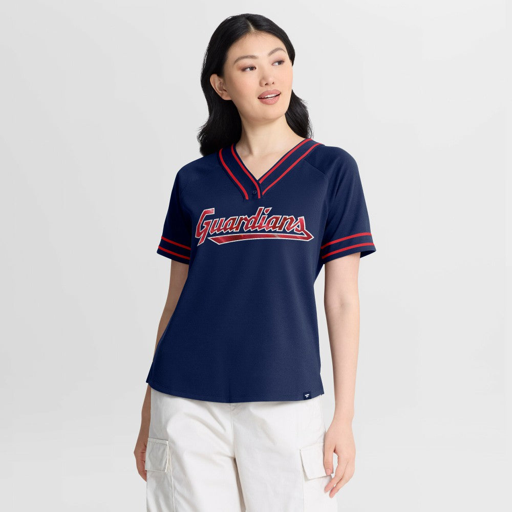 Cleveland Guardians Fanatics Women's Diva Race Ahead Raglan V-Neck T-Shirt - Navy - Fanatics Online