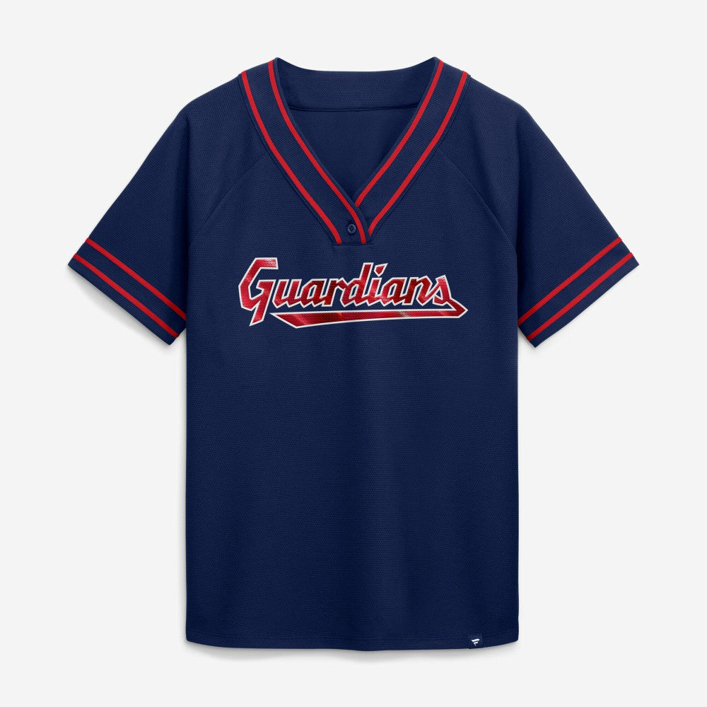 Cleveland Guardians Fanatics Women's Diva Race Ahead Raglan V-Neck T-Shirt - Navy - Fanatics Online