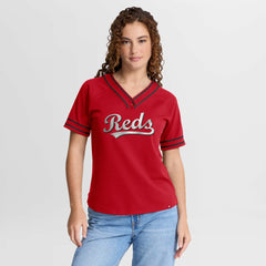 Cincinnati Reds Fanatics Women's Diva Race Ahead Raglan V-Neck T-Shirt - Red - Fanatics Discount