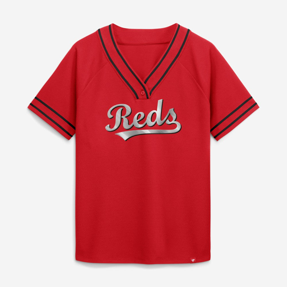 Cincinnati Reds Fanatics Women's Diva Race Ahead Raglan V-Neck T-Shirt - Red - Fanatics Discount