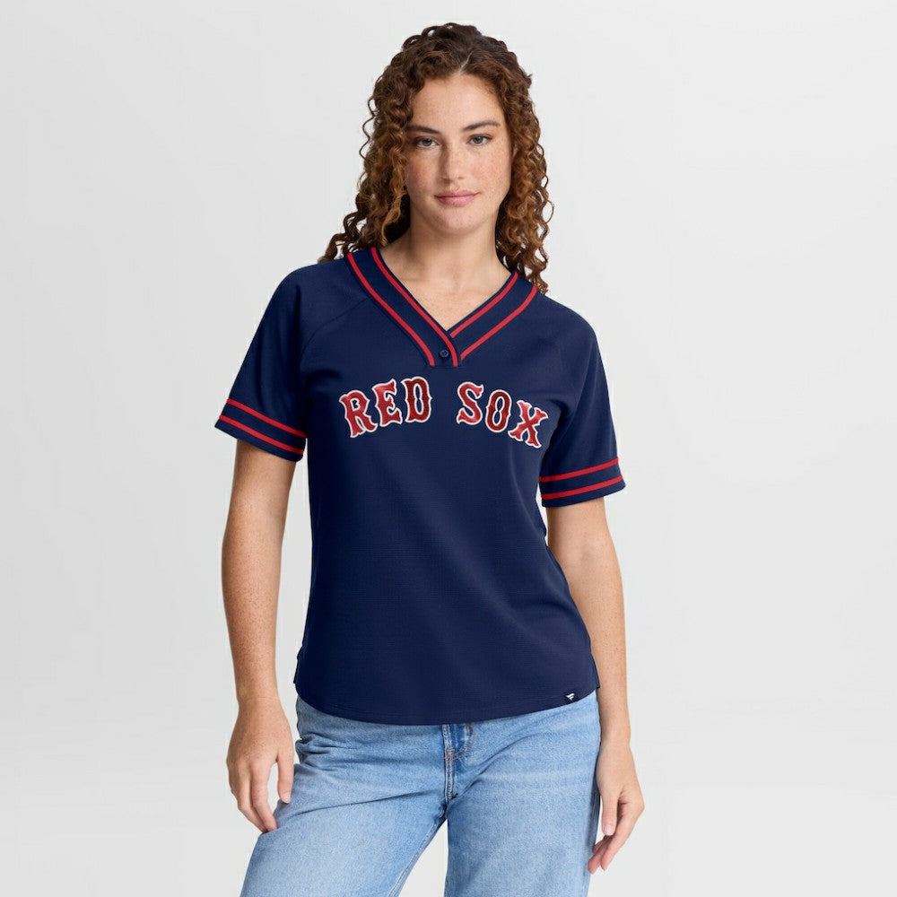 Boston Red Sox Fanatics Women's Diva Race Ahead Raglan V-Neck T-Shirt - Navy - Fanatics Discount