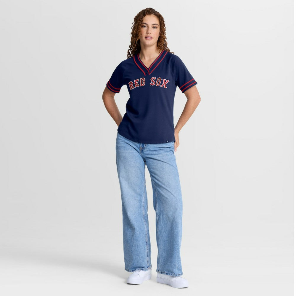 Boston Red Sox Fanatics Women's Diva Race Ahead Raglan V-Neck T-Shirt - Navy - Fanatics Discount