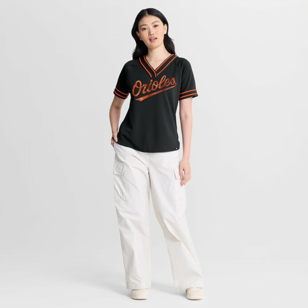Baltimore Orioles Fanatics Women's Diva Race Ahead Raglan V-Neck T-Shirt - Black - Fanatics on Sale