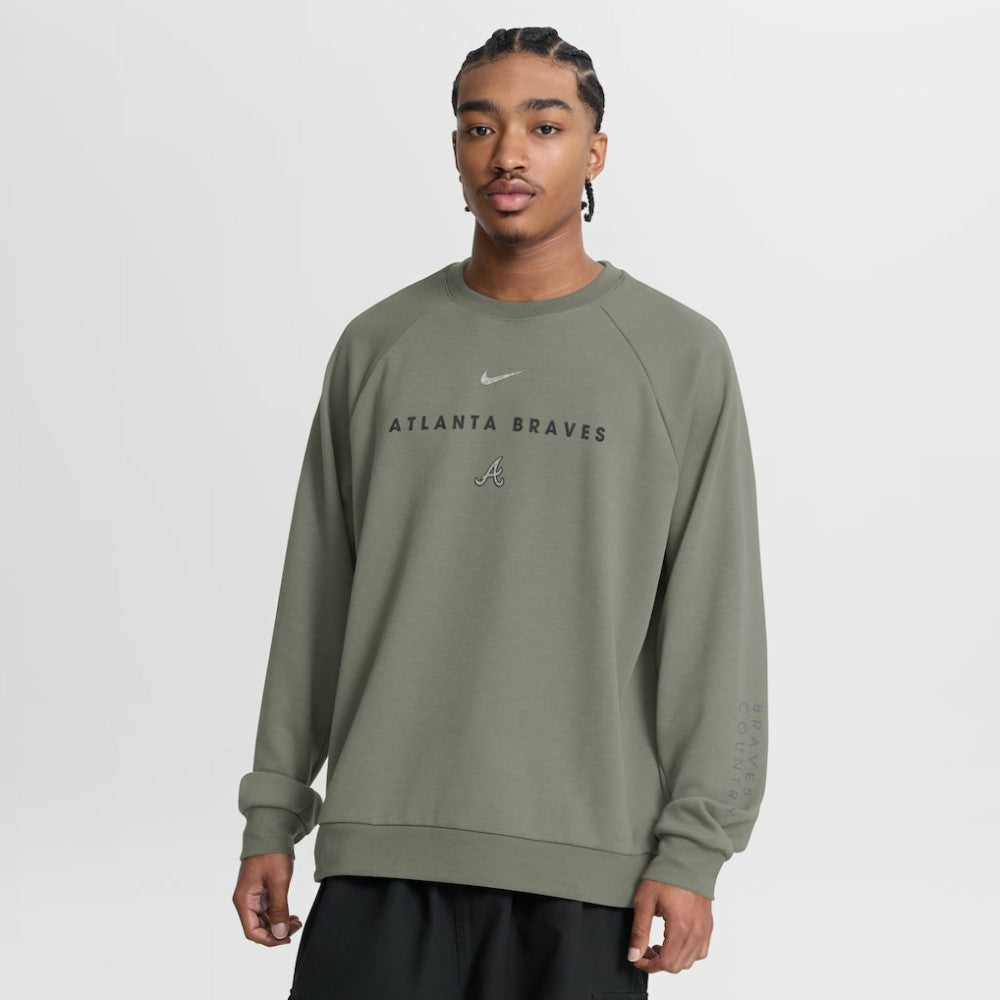 Atlanta Braves Nike Statement Primary Raglan Dri-FIT Sweatshirt - Olive - Nike Lifestyle