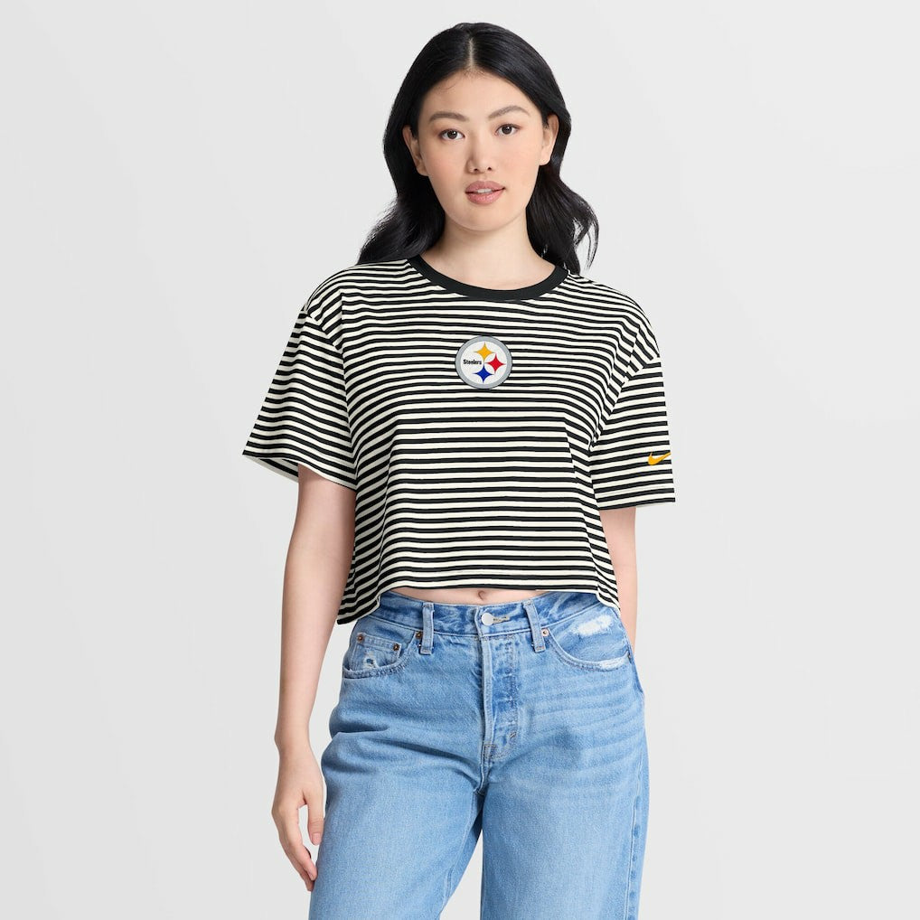 Nike Pittsburgh Steelers Women's Striped Cropped T-Shirt Black/Cream