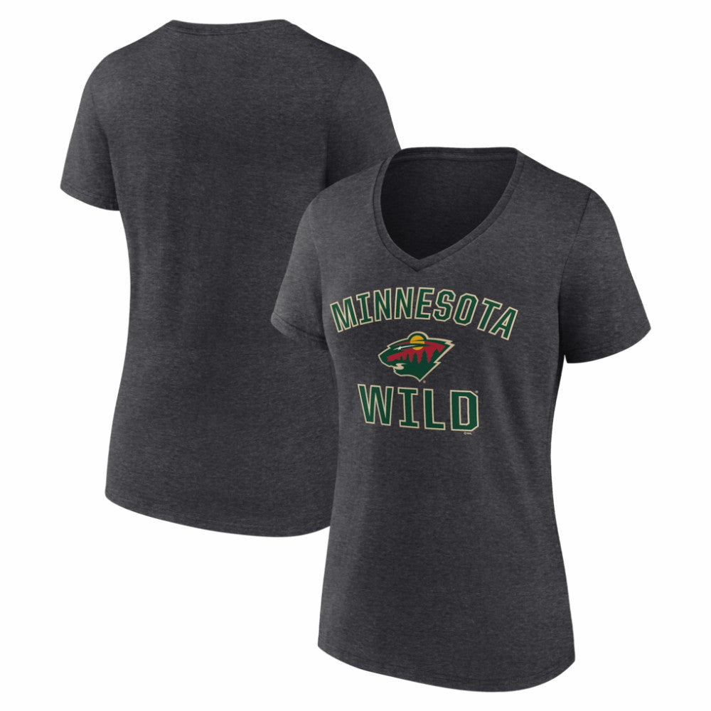 Minnesota Wild Logo Athletic Women's Arch Victory V-Neck T-Shirt - Heather Charcoal - NHL 2001552682