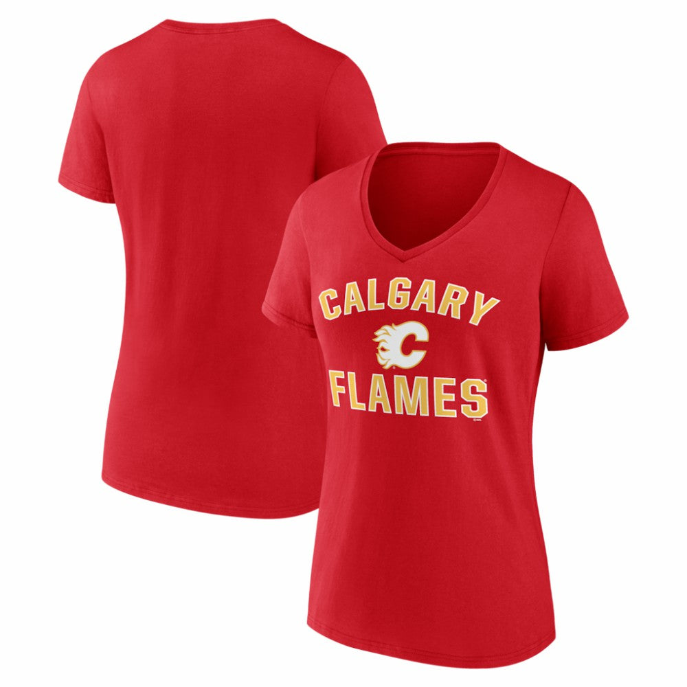 Calgary Flames Logo Athletic Women's Arch Victory V-Neck T-Shirt - Red - NHL 2001552692