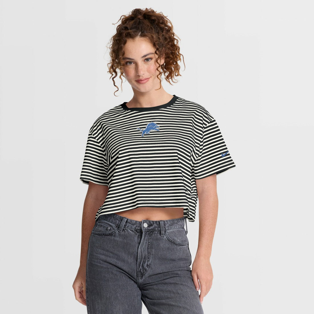 Nike Detroit Lions Women's Striped Cropped T-Shirt Black/Cream