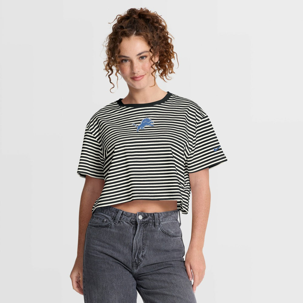 Nike Detroit Lions Women's Striped Cropped T-Shirt Black/Cream