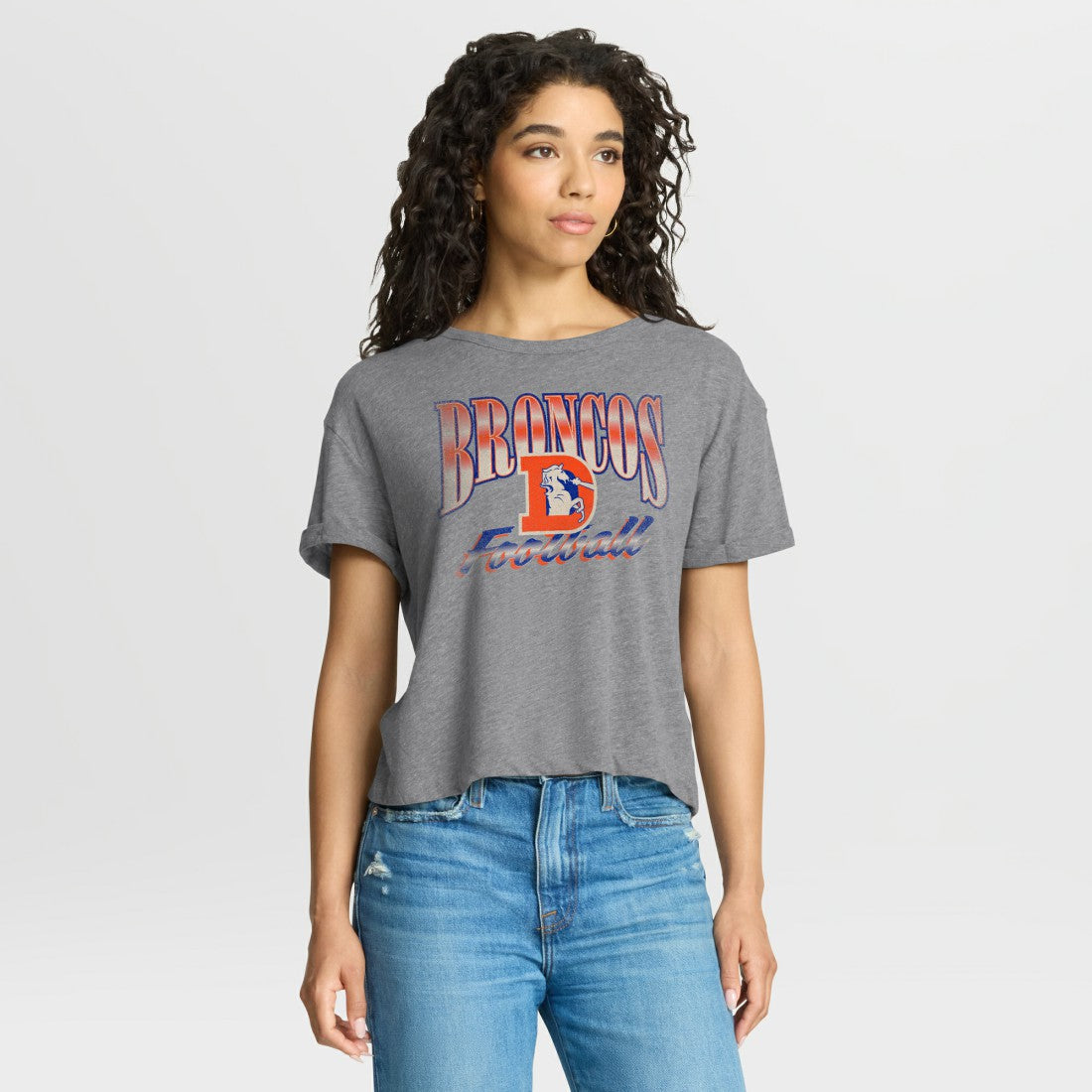 Fanatics Denver Broncos Women's Overplayed Tribute Tri-Blend Boxy T-Shirt Heather Gray