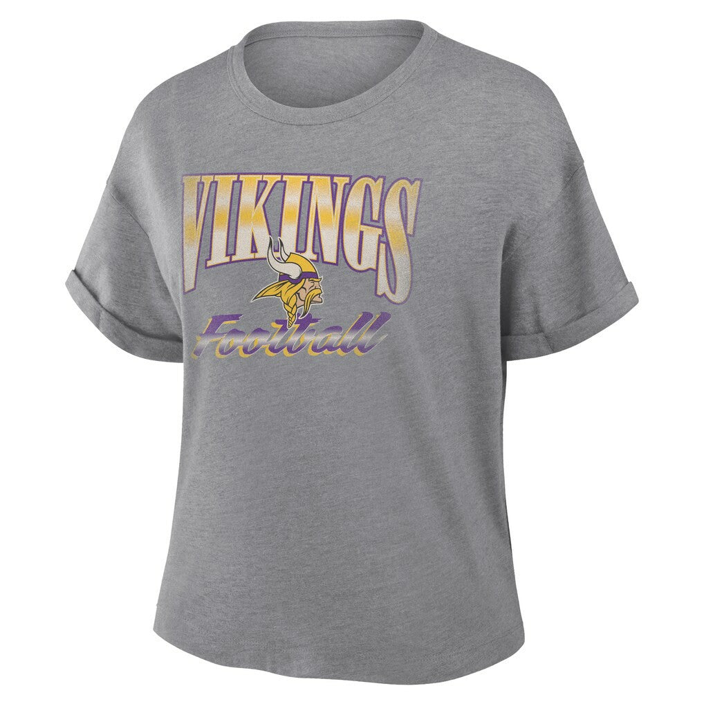 Fanatics Minnesota Vikings Women's Overplayed Tribute Tri-Blend Boxy T-Shirt Heather Gray