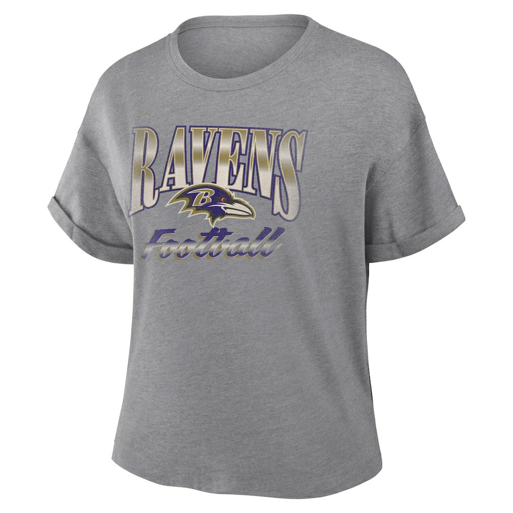 Fanatics Baltimore Ravens Women's Overplayed Tribute Tri-Blend Boxy T-Shirt Heather Gray