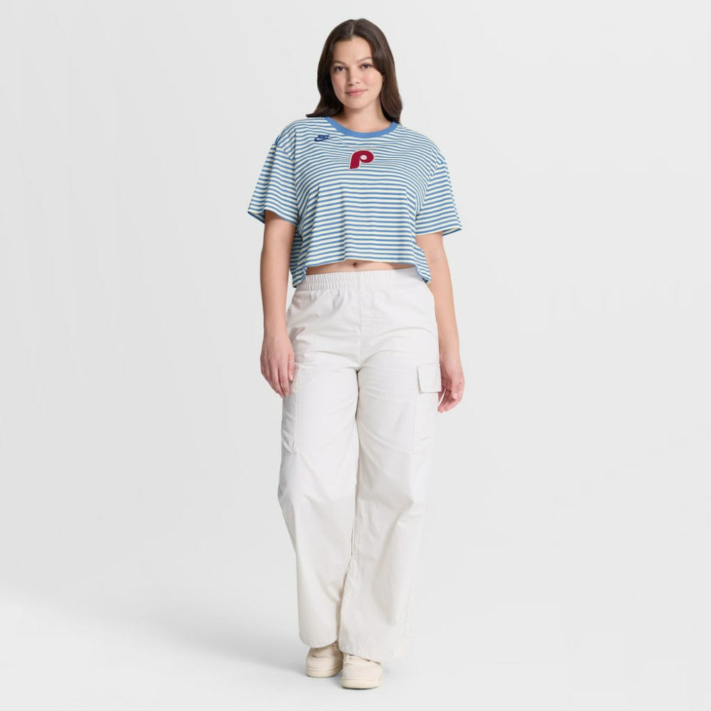 Philadelphia Phillies Nike Women's Cooperstown Collection Striped Cropped T-Shirt - Light Blue/Cream - Nike Lifestyle