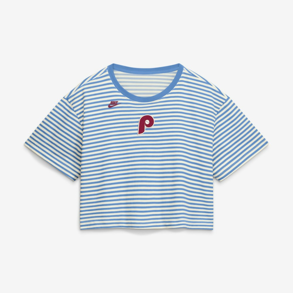Philadelphia Phillies Nike Women's Cooperstown Collection Striped Cropped T-Shirt - Light Blue/Cream - Nike Lifestyle