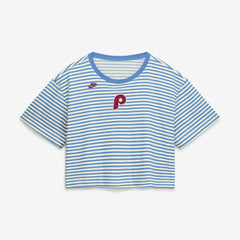 Philadelphia Phillies Nike Women's Cooperstown Collection Striped Cropped T-Shirt - Light Blue/Cream - Nike Lifestyle