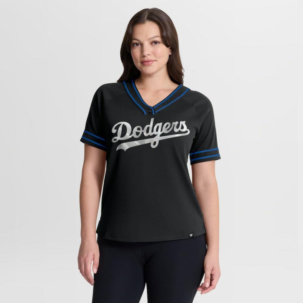 Los Angeles Dodgers Fanatics Women's Diva Race Ahead Raglan V-Neck T-Shirt - Black - Fanatics Sale