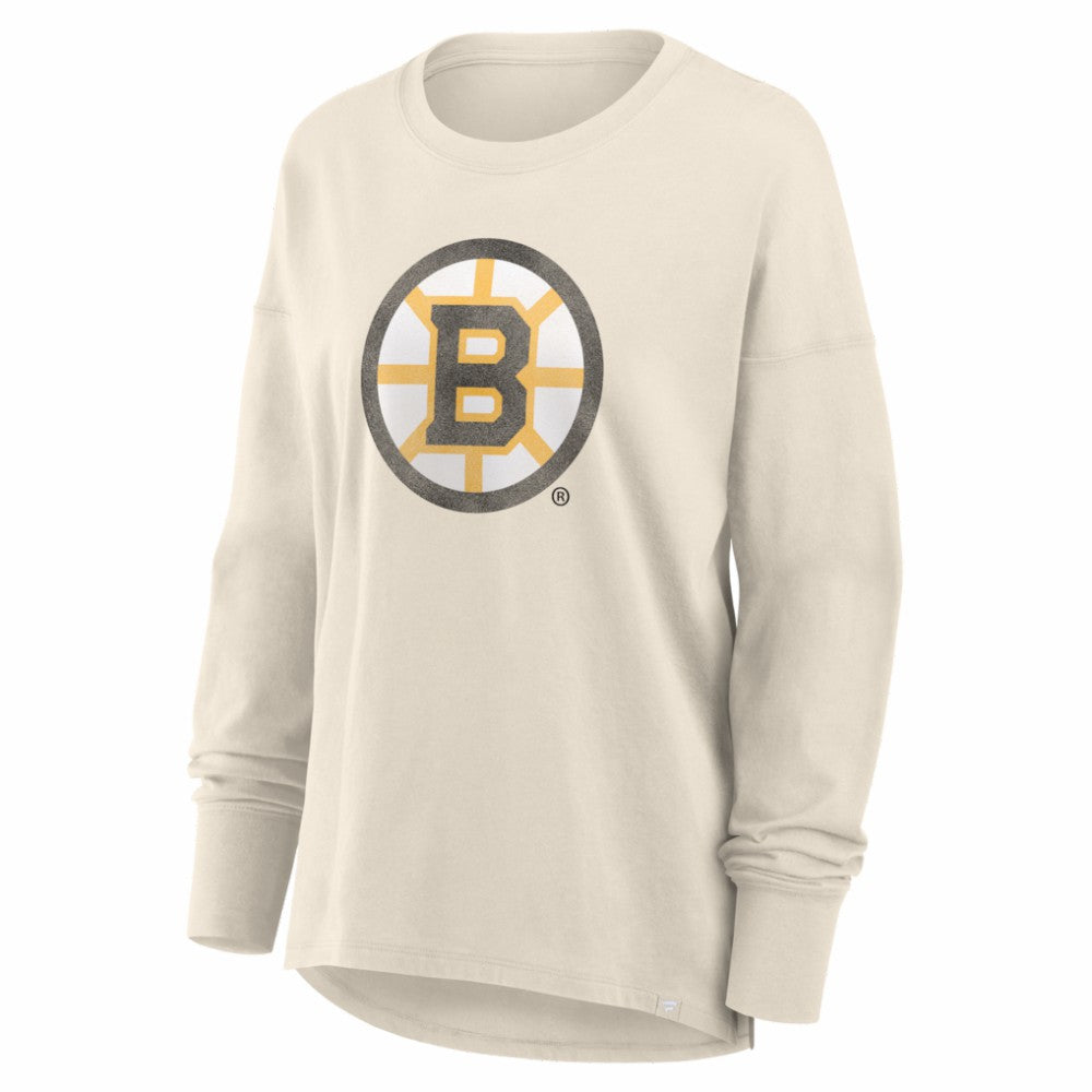 Boston Bruins Fanatics Women's Distressed Logo Long Sleeve T-Shirt - Cream - NHL 2001639165