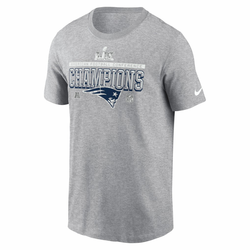 Nike New England Patriots 2025 AFC Champions Locker Room Trophy Collection Tall T-Shirt Heather Gray