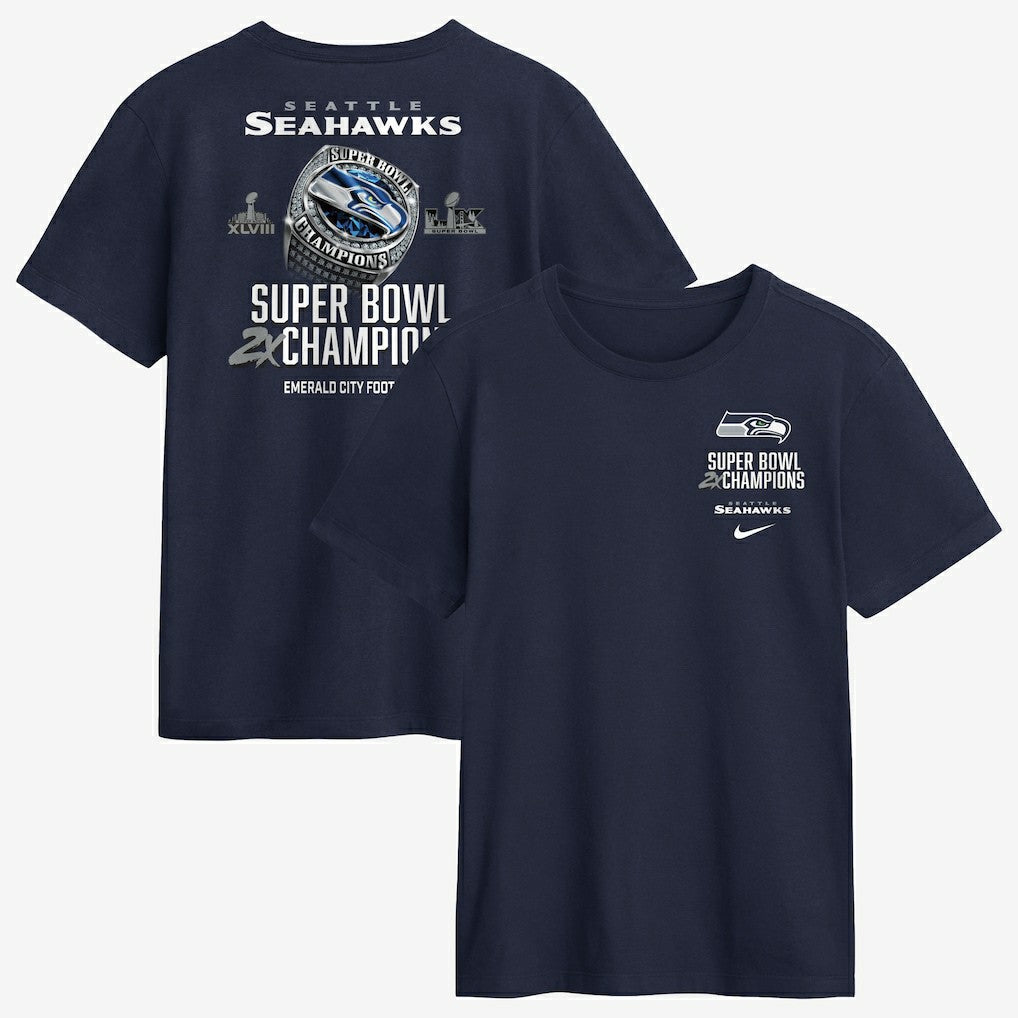 Nike Seattle Seahawks Two-Time Super Bowl Champions Downtown Ring Club T-Shirt College Navy