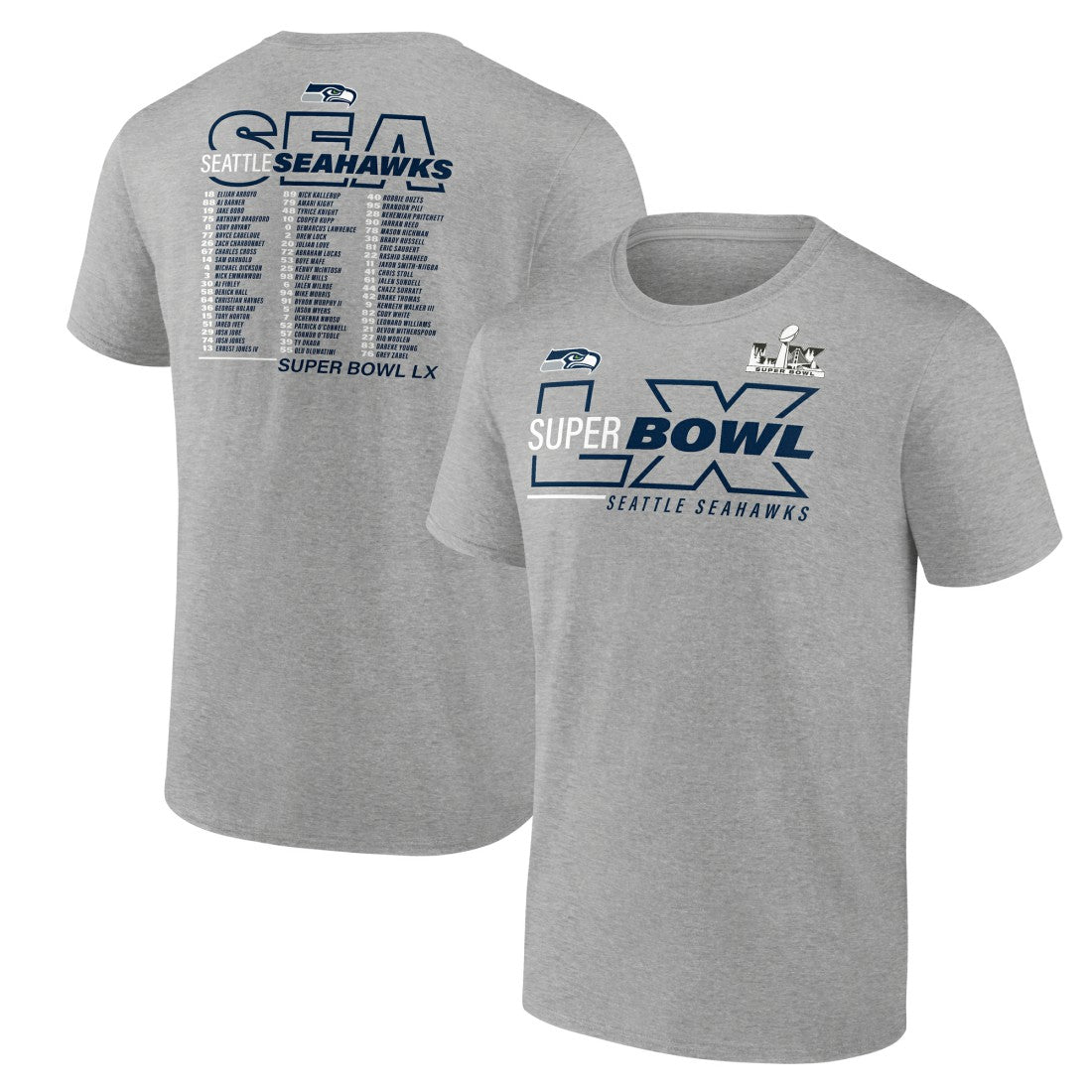 Fanatics Seattle Seahawks Super Bowl LX Roster T-Shirt Heather Gray