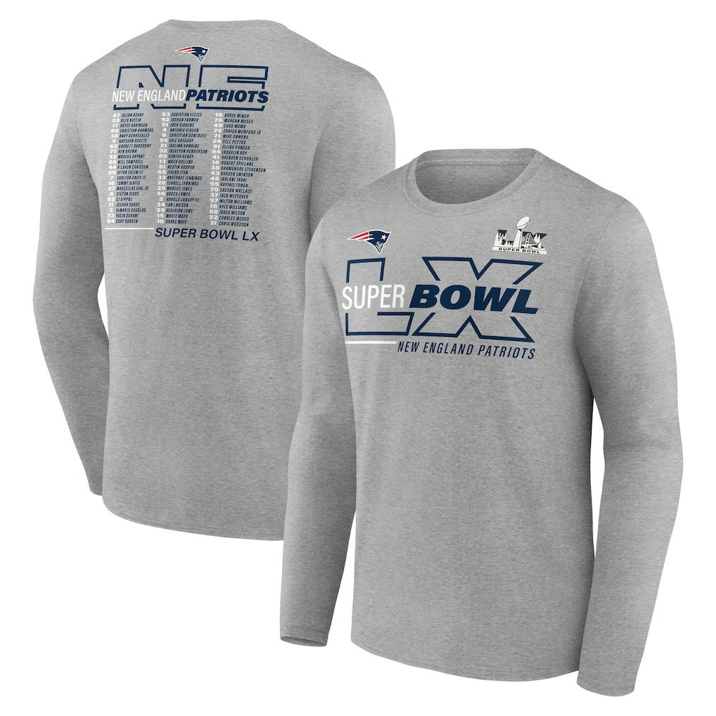 Fanatics New England Patriots Super Bowl LX Roster Long Sleeve T-Shirt Heather Gray