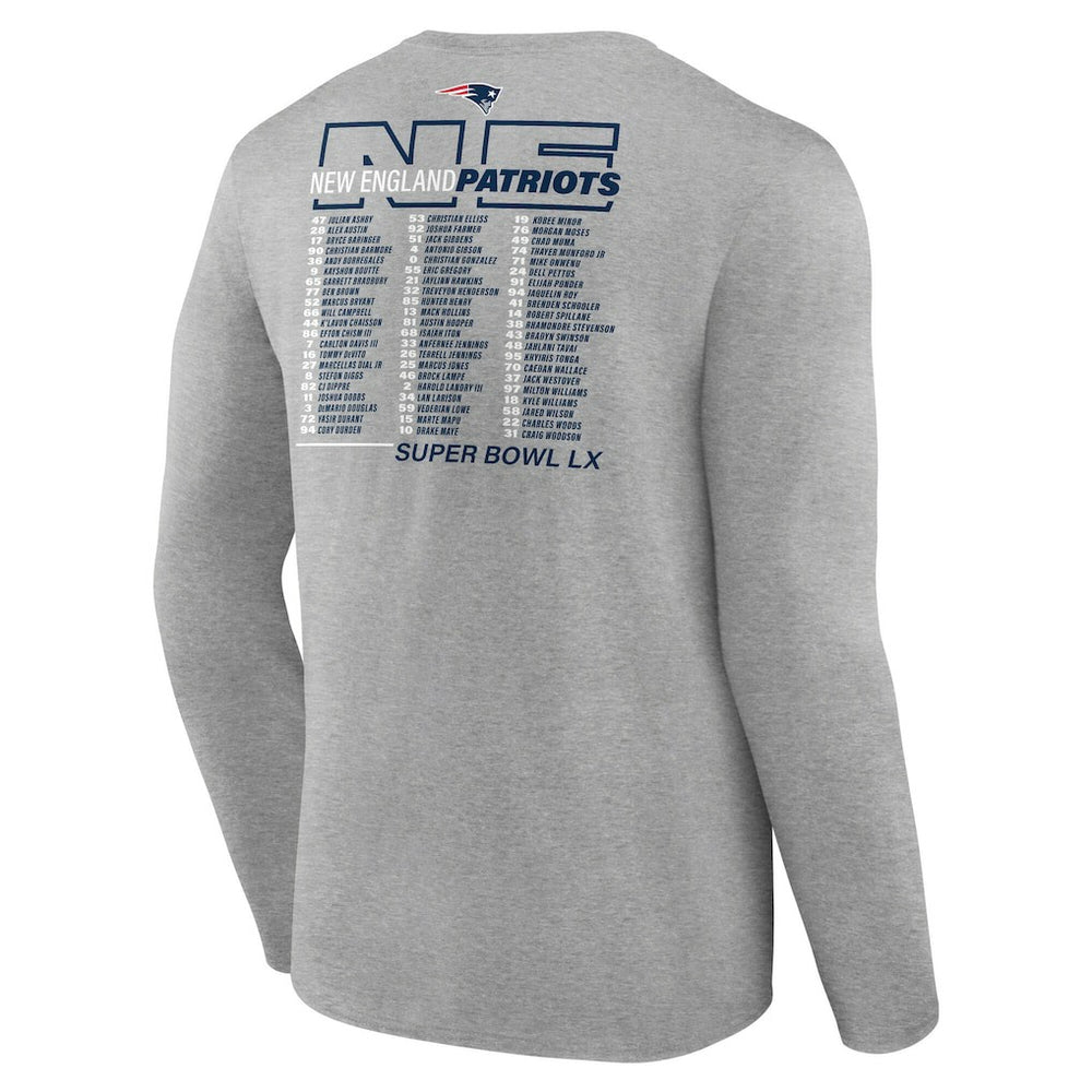 Fanatics New England Patriots Super Bowl LX Roster Long Sleeve T-Shirt Heather Gray
