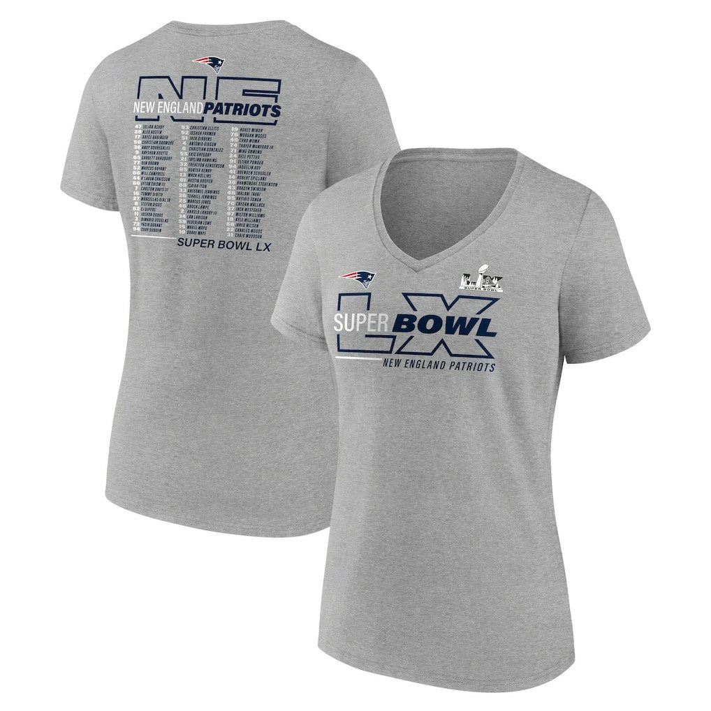 Fanatics New England Patriots Women's Super Bowl LX Roster V-Neck T-Shirt Heather Gray
