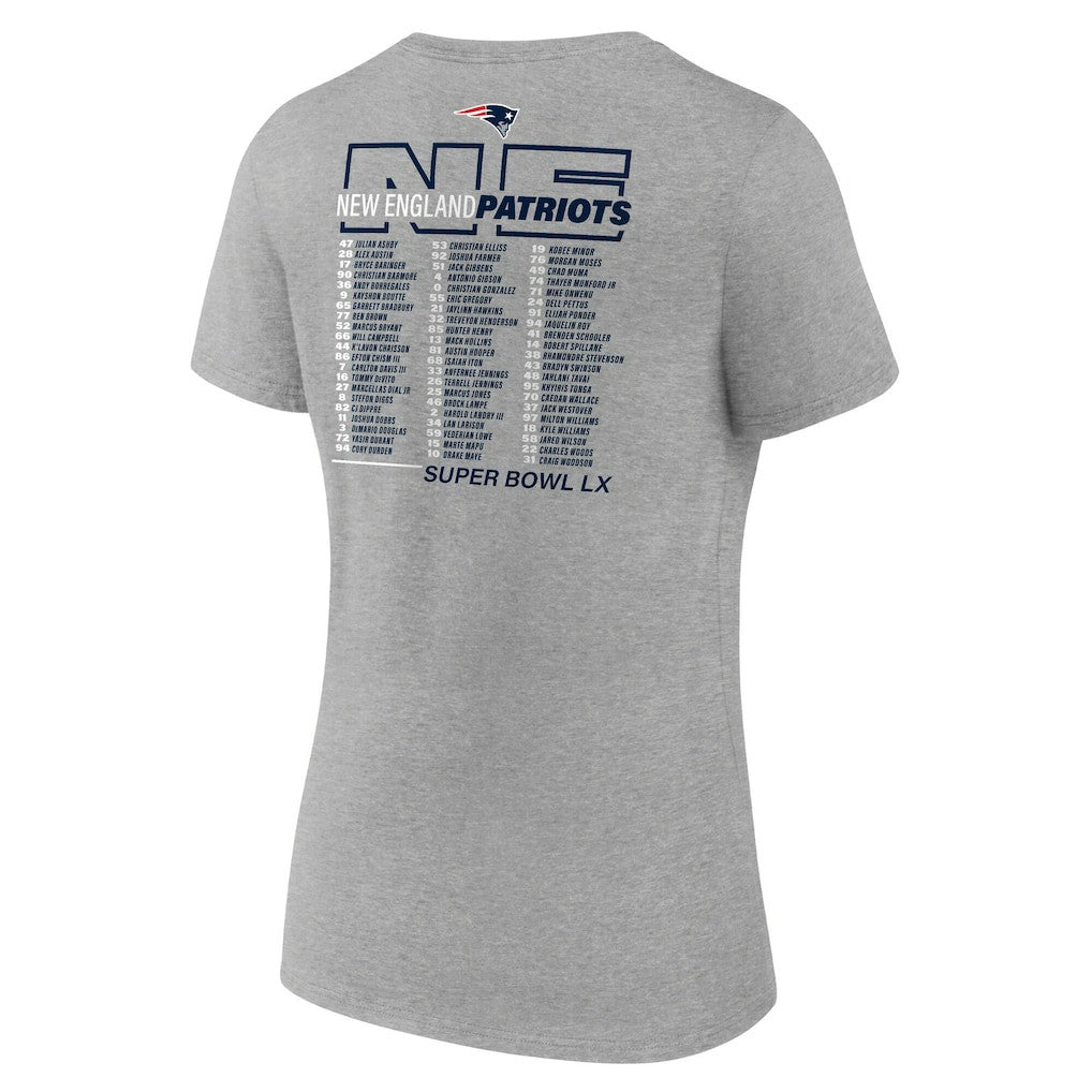 Fanatics New England Patriots Women's Super Bowl LX Roster V-Neck T-Shirt Heather Gray