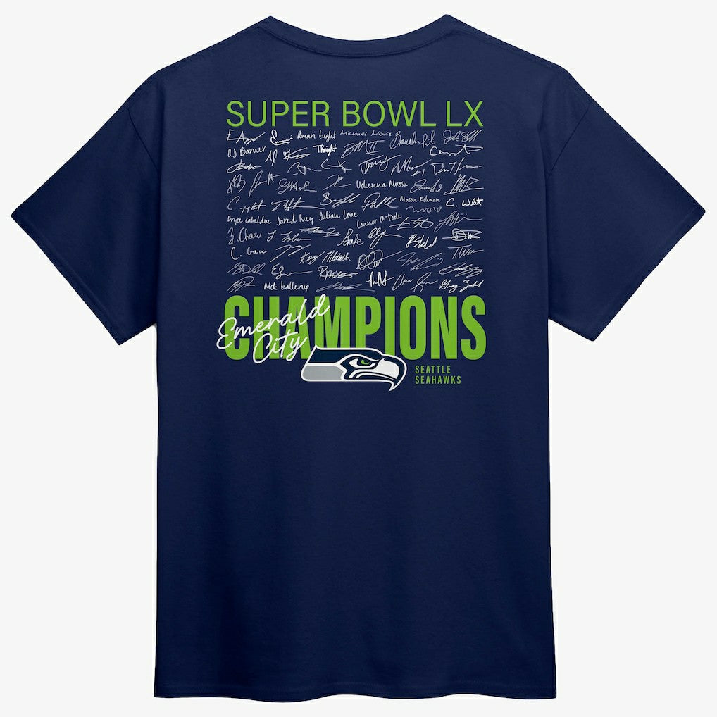 Fanatics Seattle Seahawks Super Bowl LX Champions Autograph Signing Roster T-Shirt College Navy