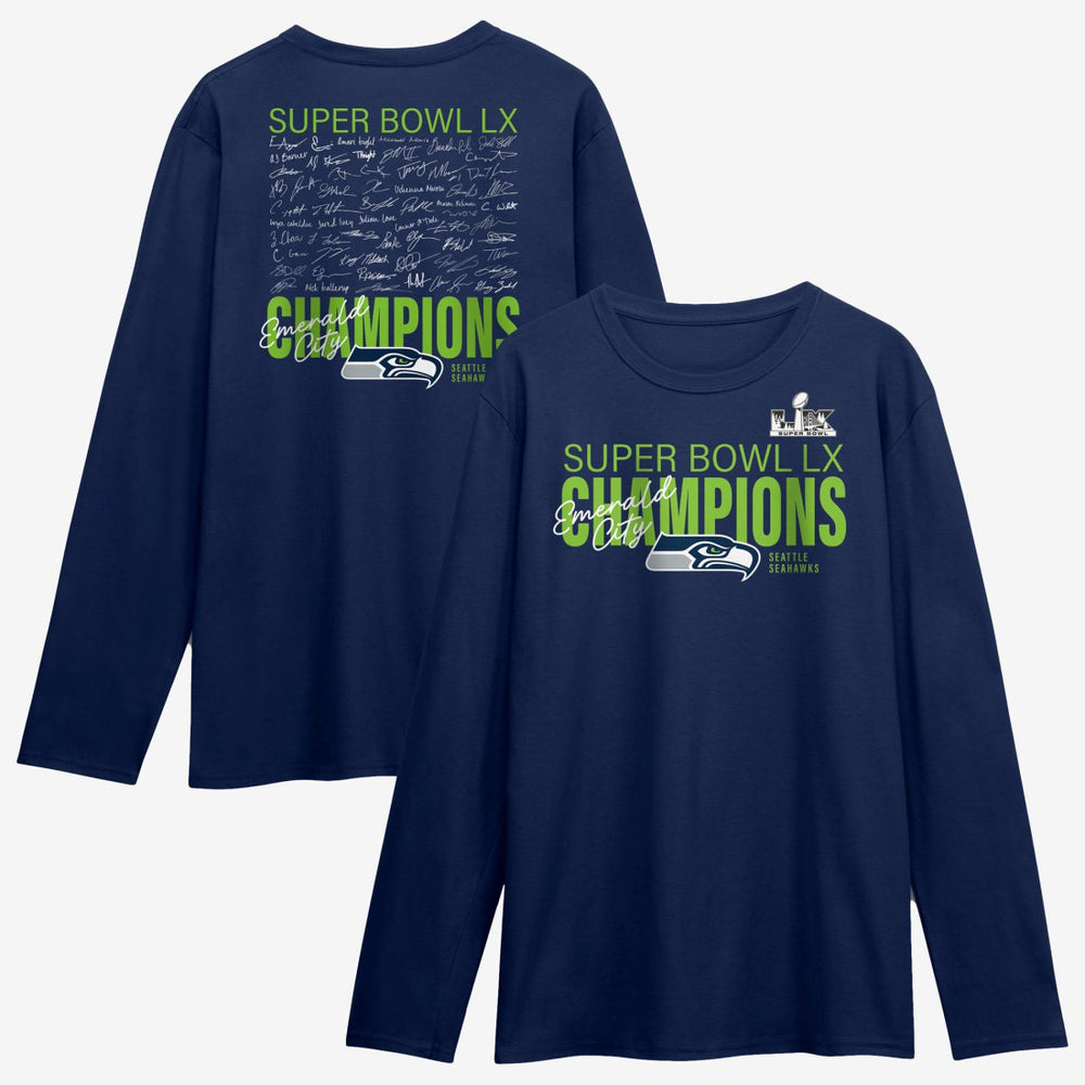 Fanatics Seattle Seahawks Super Bowl LX Champions Autograph Signing Long Sleeve Roster T-Shirt College Navy