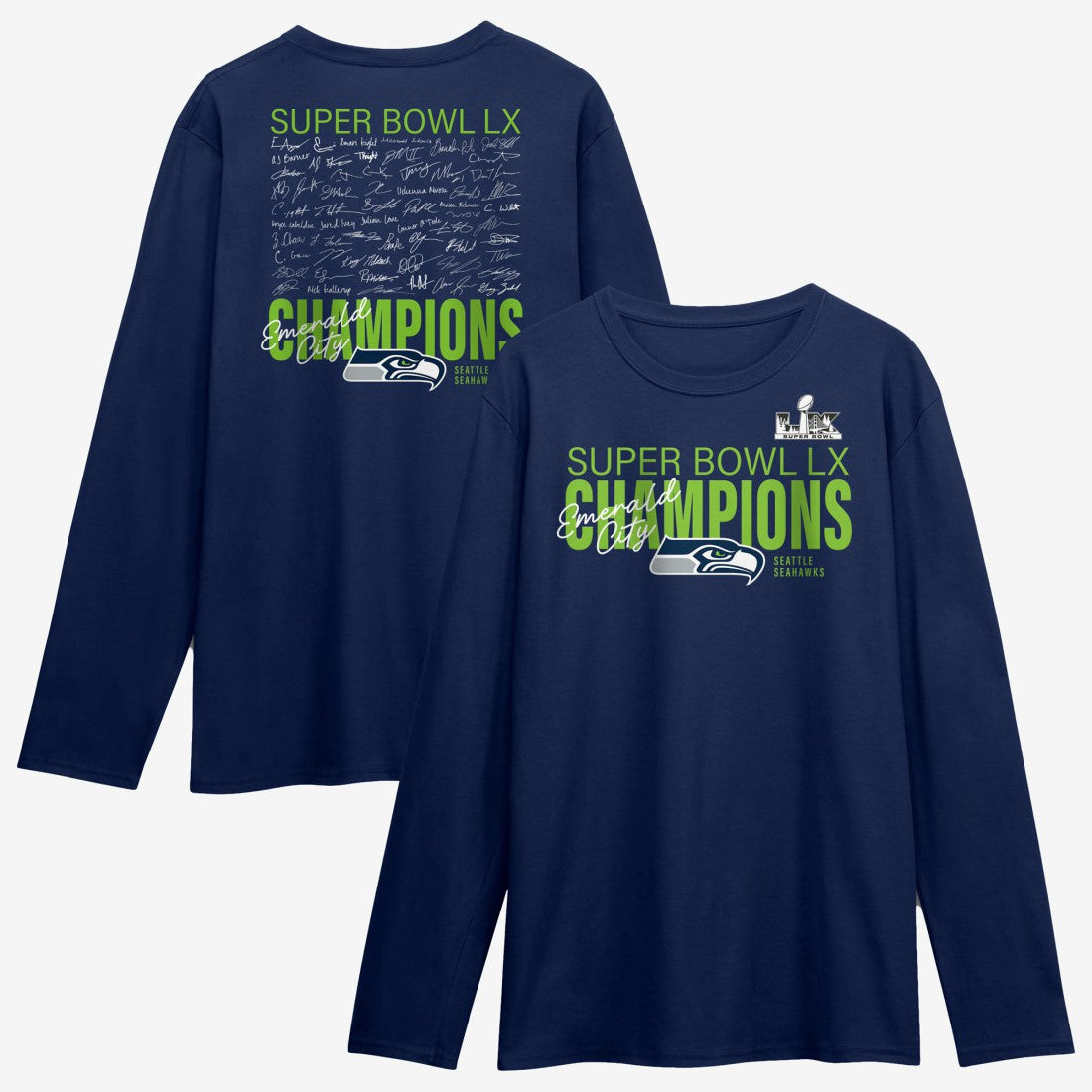 Fanatics Seattle Seahawks Super Bowl LX Champions Autograph Signing Long Sleeve Roster T-Shirt College Navy