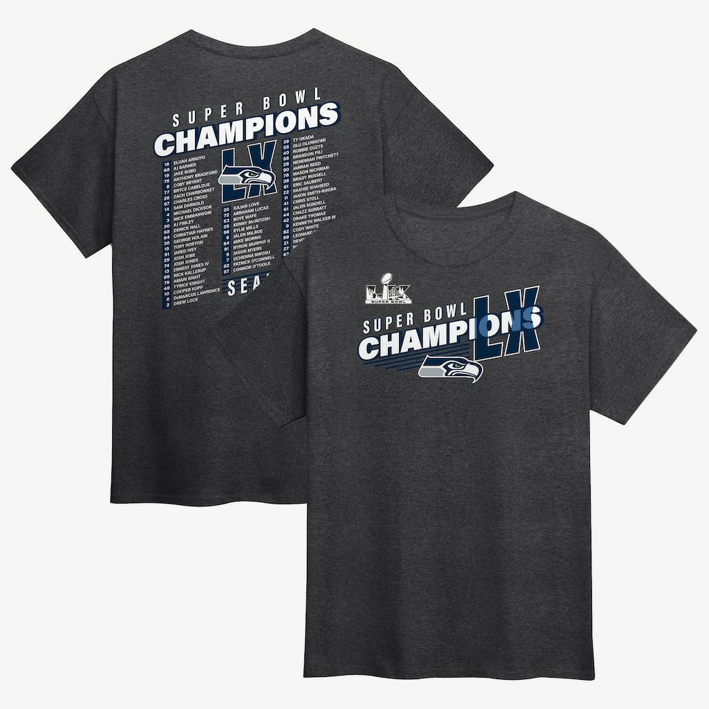 Fanatics Seattle Seahawks Super Bowl LX Champions Best Teammates Roster T-Shirt Heather Charcoal