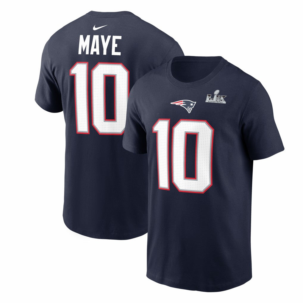 Nike Drake Maye New England Patriots Super Bowl LX Patch Name & Number T-Shirt Navy