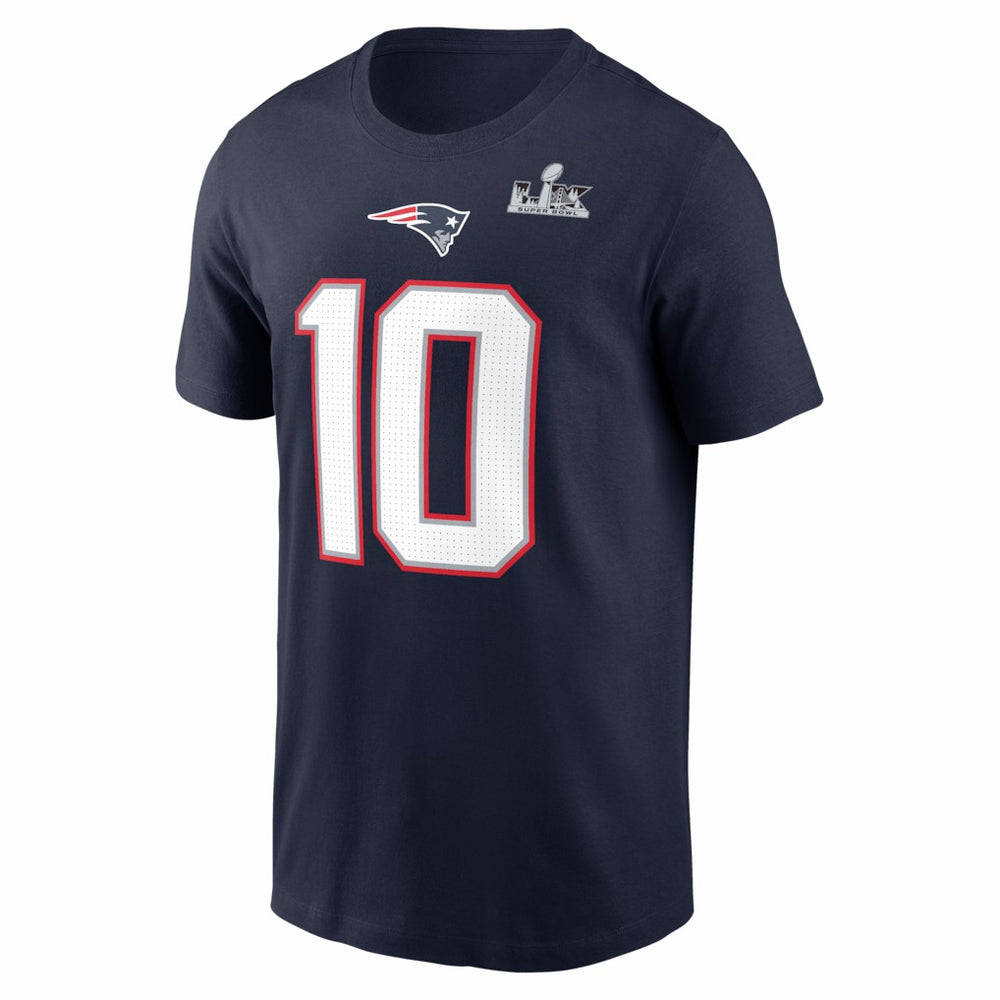 Nike Drake Maye New England Patriots Super Bowl LX Patch Name & Number T-Shirt Navy