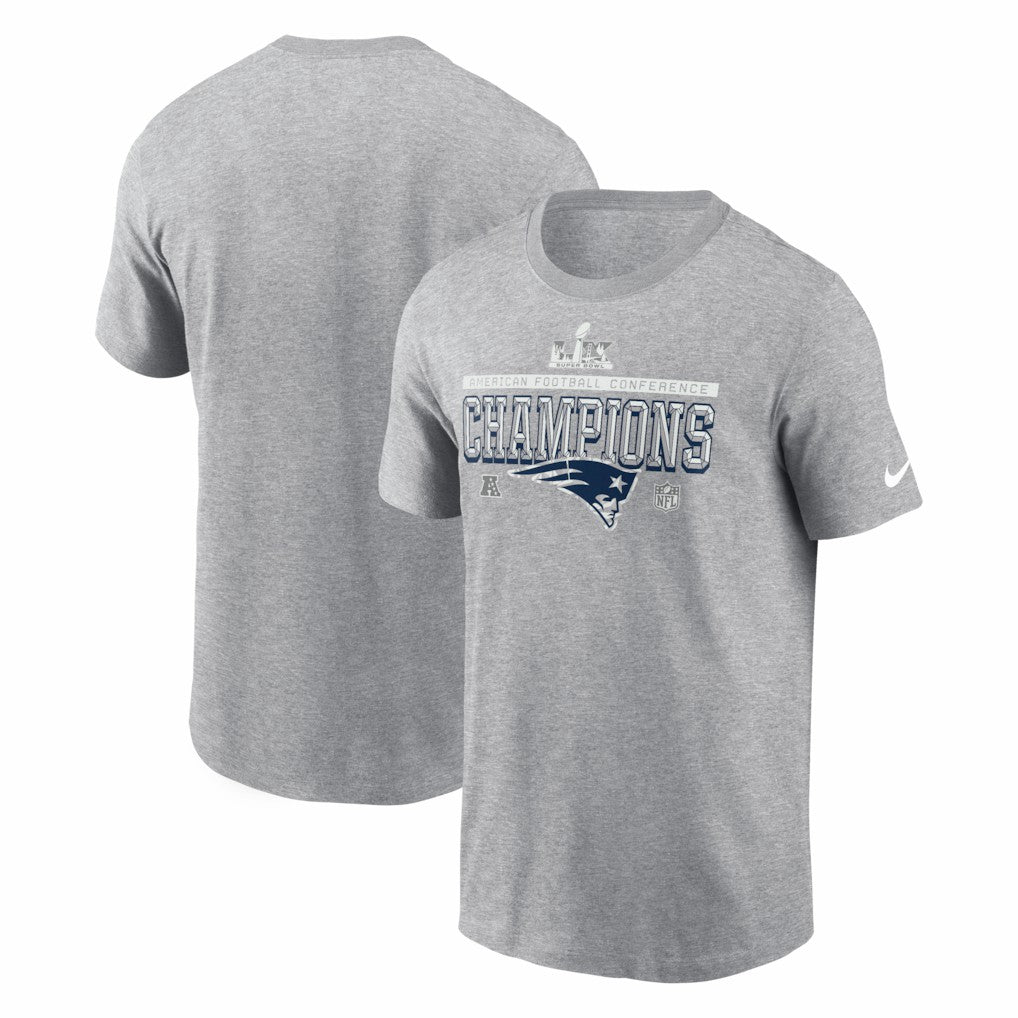 Nike New England Patriots 2025 AFC Champions Locker Room Trophy Collection T-Shirt Heather Gray