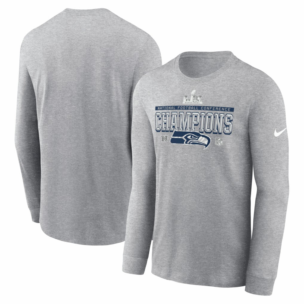 Nike Seattle Seahawks 2025 NFC Champions Locker Room Trophy Collection Long Sleeve T-Shirt Heather Gray