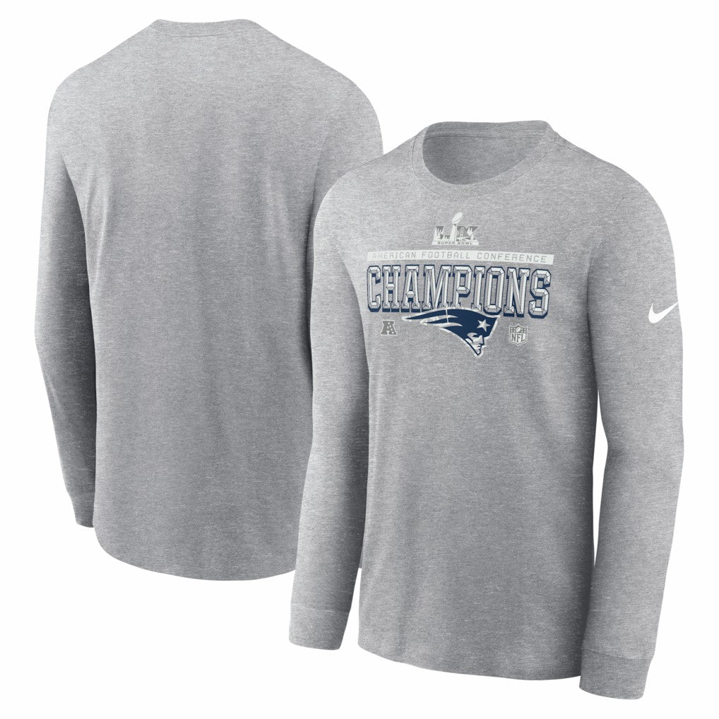 Nike New England Patriots 2025 AFC Champions Locker Room Trophy Collection Long Sleeve T-Shirt Heather Gray